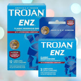 Image showing two packages of Trojan ENZ Armor Spermicidal Condoms. The larger box contains 12 lubricated latex condoms, while the smaller box contains 3. Both boxes proudly display the text "America's #1 condom," emphasizing contraception plus STI protection.